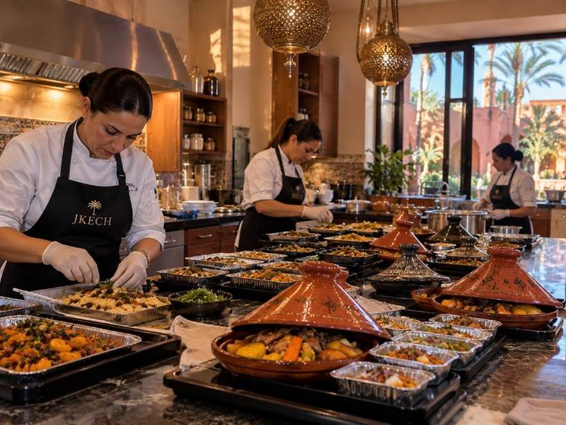 Kosher kitchen team preparing a festival meal